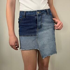 Hayden Los Angeles Patchwork Asymmetrical Denim Mini Skirt